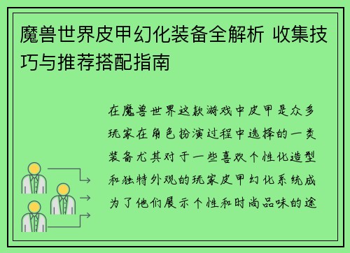 魔兽世界皮甲幻化装备全解析 收集技巧与推荐搭配指南